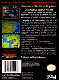 NES - Romance of the Three Kingdoms Box Art Back