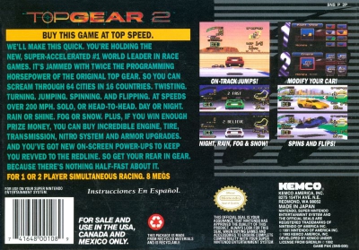SNES - Top Gear 2 Box Art Back