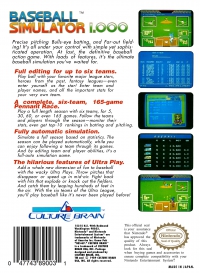 NES - Baseball Simulator 1000 Box Art Back